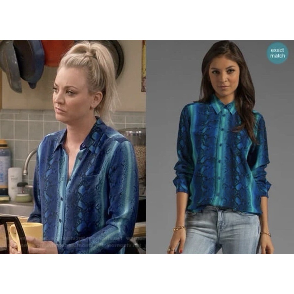 Equipment Femme Silk Button Down Collar shirt Blue Aqua Snake Print ASO Size XS